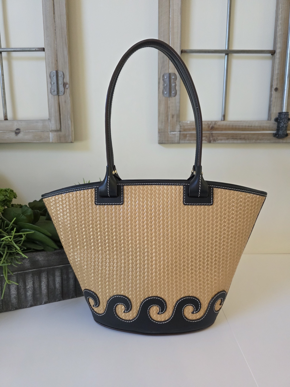 Dooney & Bourke Black Trim Tan Woven Tote Bag - Picture 2 of 13